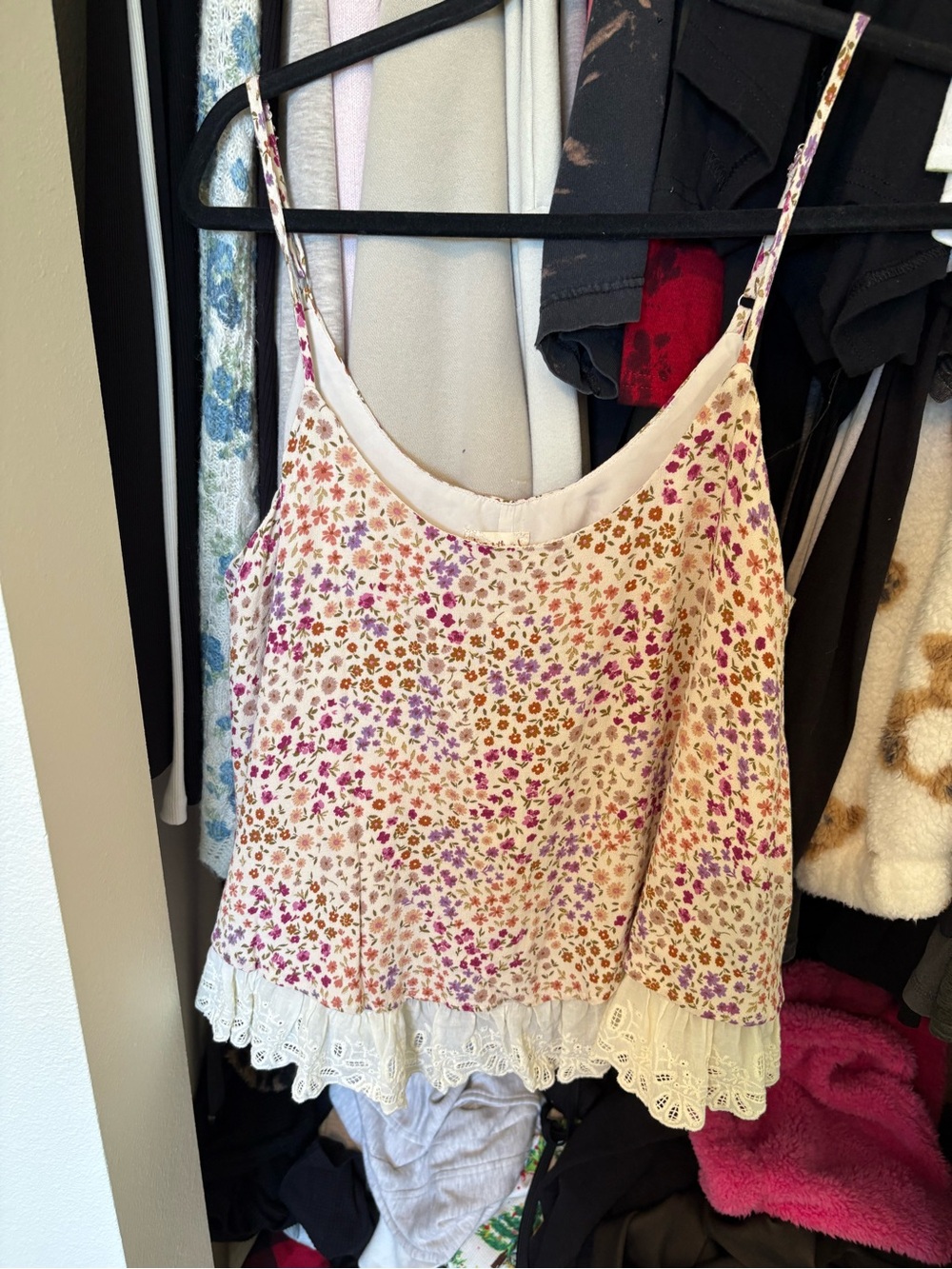 Hem & Thread Cream Floral Lace-Trim Cami with Pink & Purple Flowers